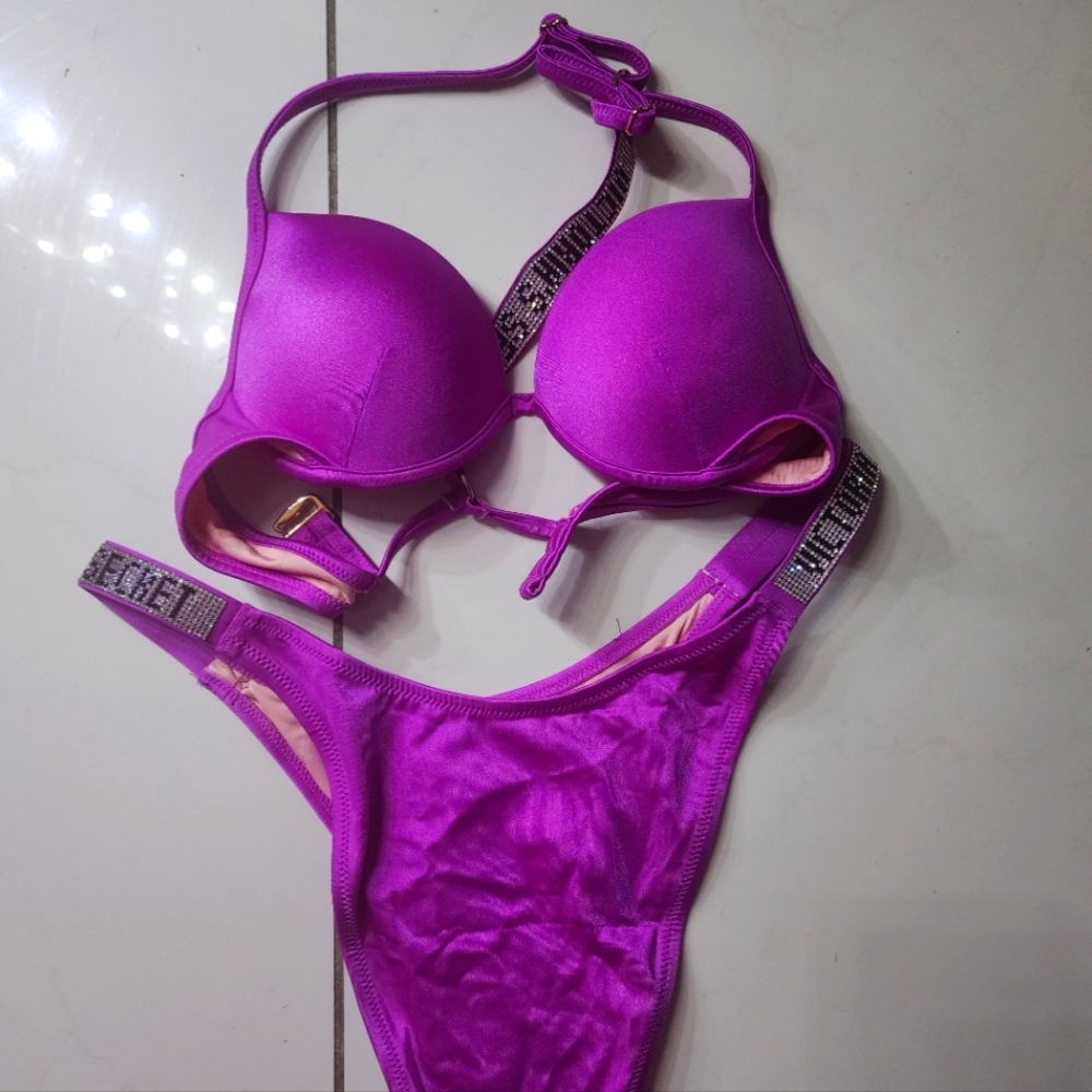 VICTORIA'S SECRET Shine rhinestone Malibu  Push-Up Bikini Swim Top 34 B